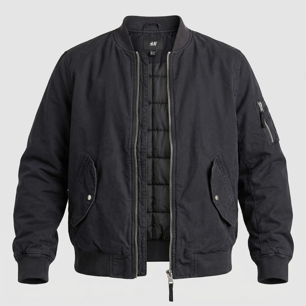 H&M Mens Large Black Jacket Bomber Quilted Padded Full Zip Cotton Blend MA-1